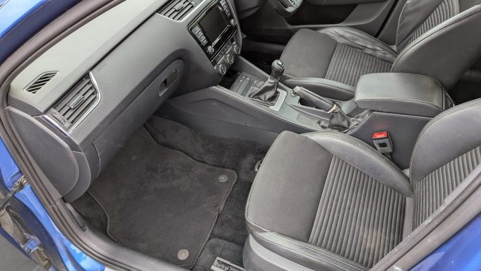 Skoda front passenger seat and footwell in Peterborough, Cambridgeshire after interior detailing, carpets and upholstery fully cleaned.