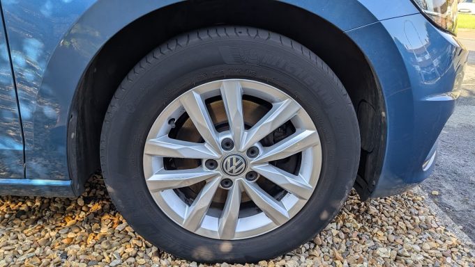 Clean VW Touran alloy wheel in St Ives, Cambridgeshire after detailing, with brake dust removed and finish restored.