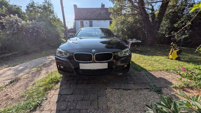 Front view of a BMW after a full detail in Fletton, Peterborough Ceramic wax & hyrdrophobic protection on this BMW 3 Series
