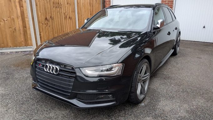 Black Audi S4 Avant in Huntingdon, Cambridgeshire after full detail, paintwork restored to a deep gloss with clean alloys. Black Audi S4 Avant in Huntingdon, Cambridgeshire after full detail, paintwork restored to a deep gloss with clean alloys.