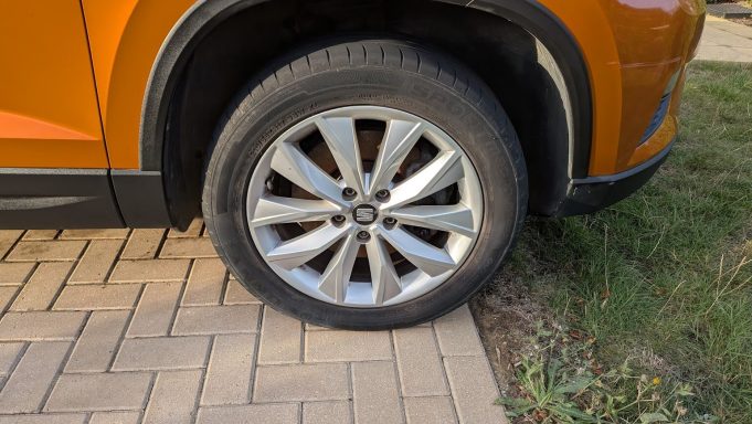 Cleaned front wheel of a Seat Ateca in Ely, Cambridgeshire after detailing, alloy restored and tyre dressed for a sharp finish.