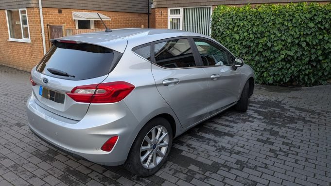 Rear view of a silver Ford Fiesta in Barnack, Peterborough after detailing, with clean paintwork protected by ceramic wax