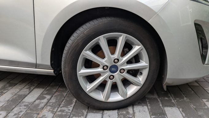Close-up of a Ford Fiesta alloy wheel in Barnack, Peterborough after detailing, with spokes and rim restored to a clean finish.