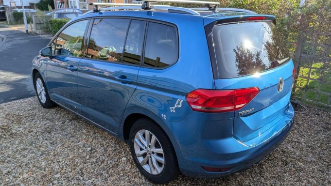 Detailed VW Touran rear in St Ives, Cambridgeshire after exterior car detailing, with paintwork restored and glass polished.